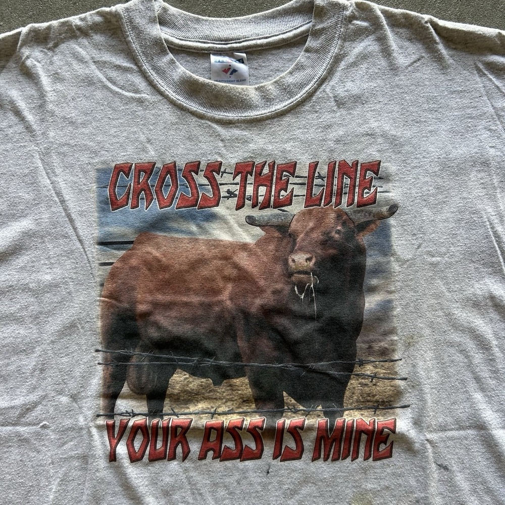 Vintage Longhorn Shirt Size Large Gray Cow Farm Cross The Line Funny Parody - Picture 2 of 6